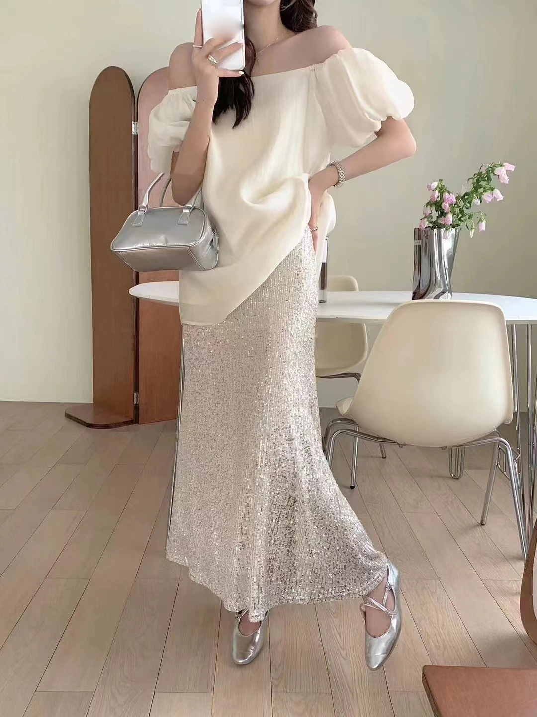 

Long Skirt Women High Waisted Slim Summer New Sequins Trumpet Skirts White Korean Fashion Simple Elegant Office Lady 2023
