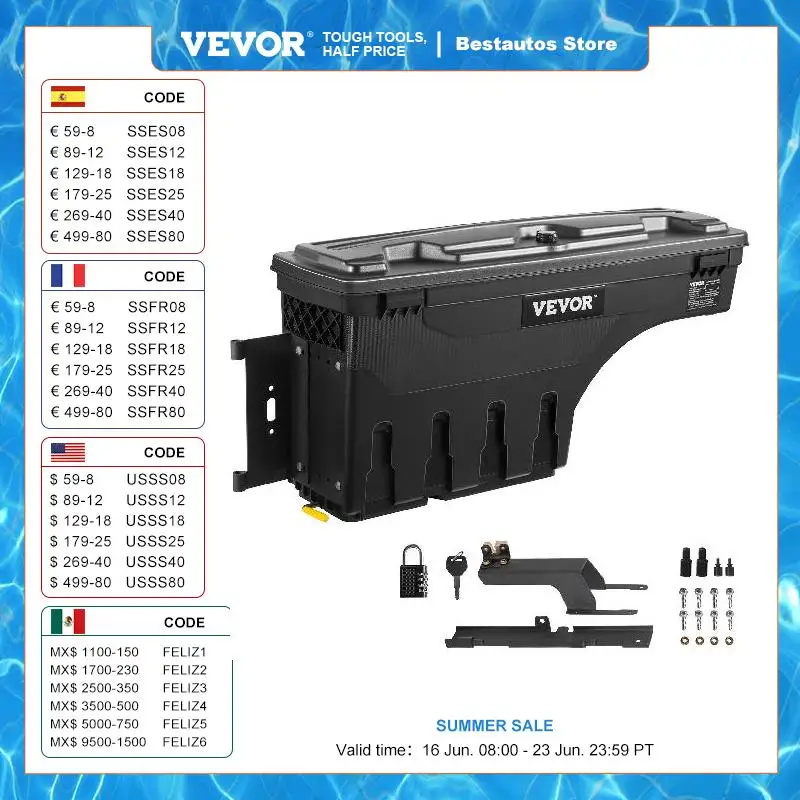 

VEVOR Truck Bed Storage Box Driver Side Lockable Lid Waterproof Wheel Well Tool Box with Password Padlock Black