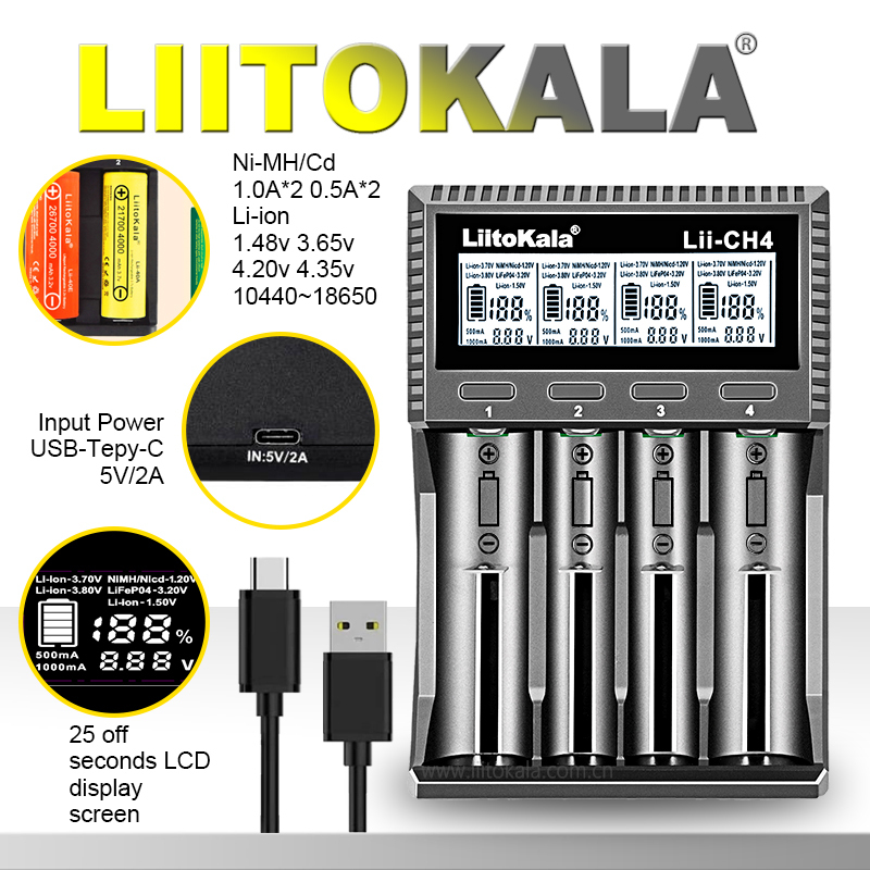  LiitoKala Lii-CH4 Smart Charger for 18650/21700/26650/AA/AAA/Ni-MH/Li-ion,1.2V/1.5V 4-Slot Fast Charge, USB-C, Auto Detect 