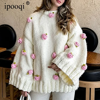 ipooqi Women's Oversized Chunky Knit Sweater Sweet 3D Floral Pullover Autumn Winter Loose Lantern Sleeve Thick Warm Knit Jumper 1