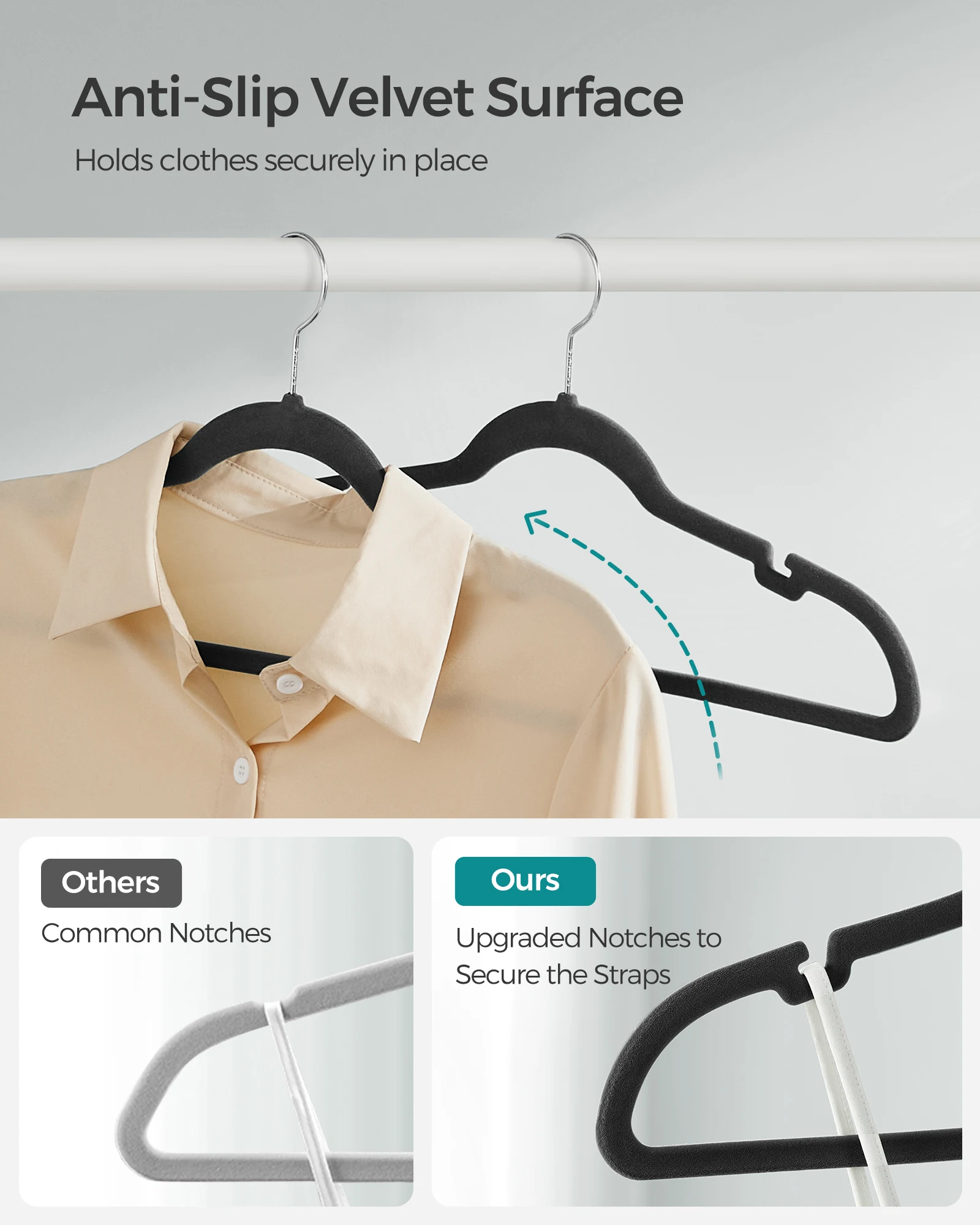 SONGMICSHOME Velvet Clothes Hangers 30/50 Pack Non-Slip with Shoulder Notches Pants Bar 360° Swivel Hook for Suit Storage 4