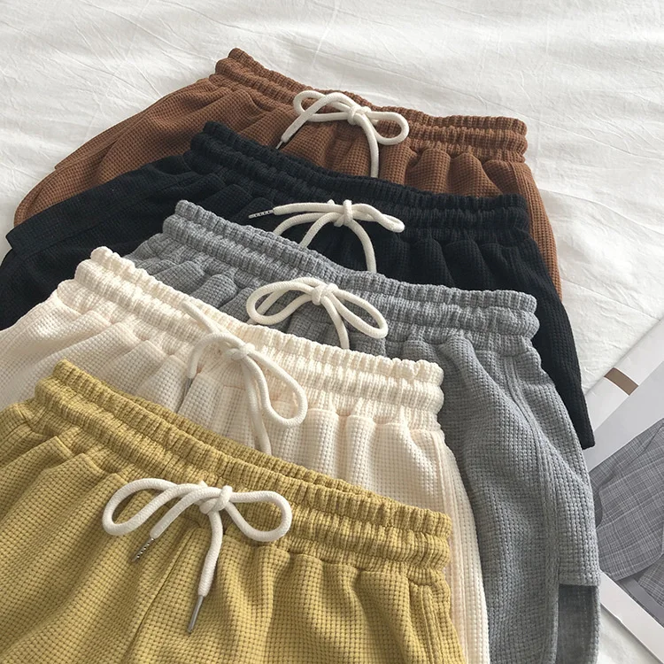 spandex shorts Summer Women Sports Shorts Elastic Drawstring High Waist Cotton Waffle A-line Wide Leg Shorts Solid Women Home Casual Shorts women's swim shorts