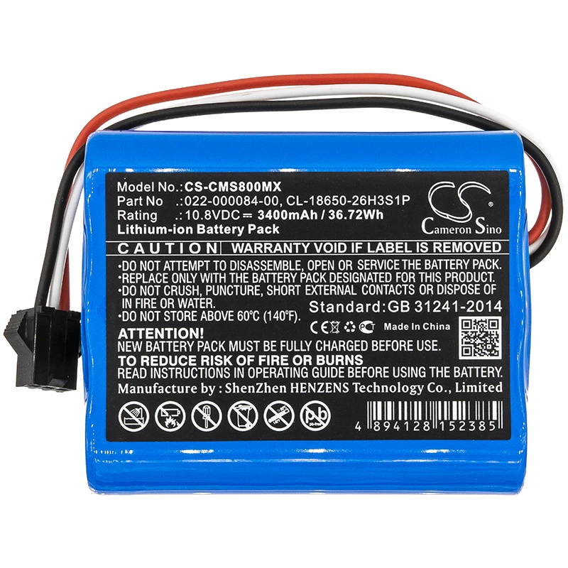 

Cameron Sino 3400mAh Battery For Cardiomonitor COMEN Star 8000 E 022-000084-00 CL-18650-26H3S1P