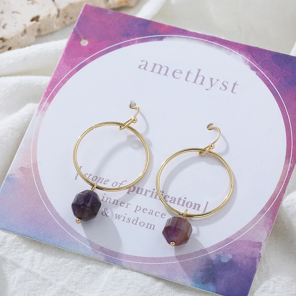 Punk Purple Natural Stone Crystal Circle Hoop Earrings Gold Plated Big Round Huggies Ear Hoops Everyday Versatile Jewelry Bijoux