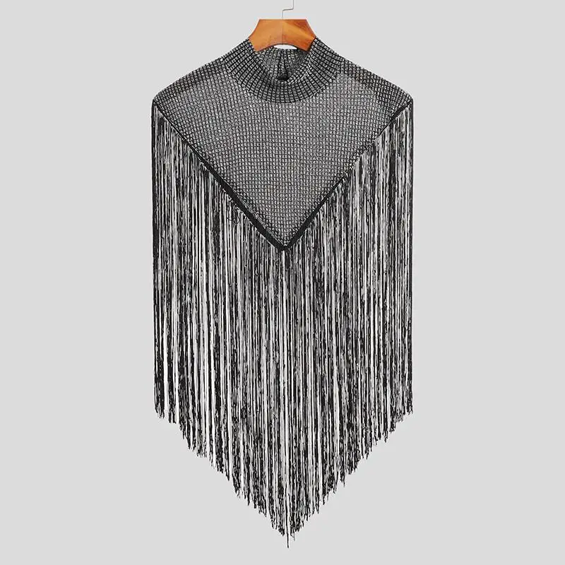 Men's Irregular Patchwork Tank Tops Fashion Vests Tassel Turtleneck Sleeveless Streetwear Sexy Cloak Ponchos Performance Costume