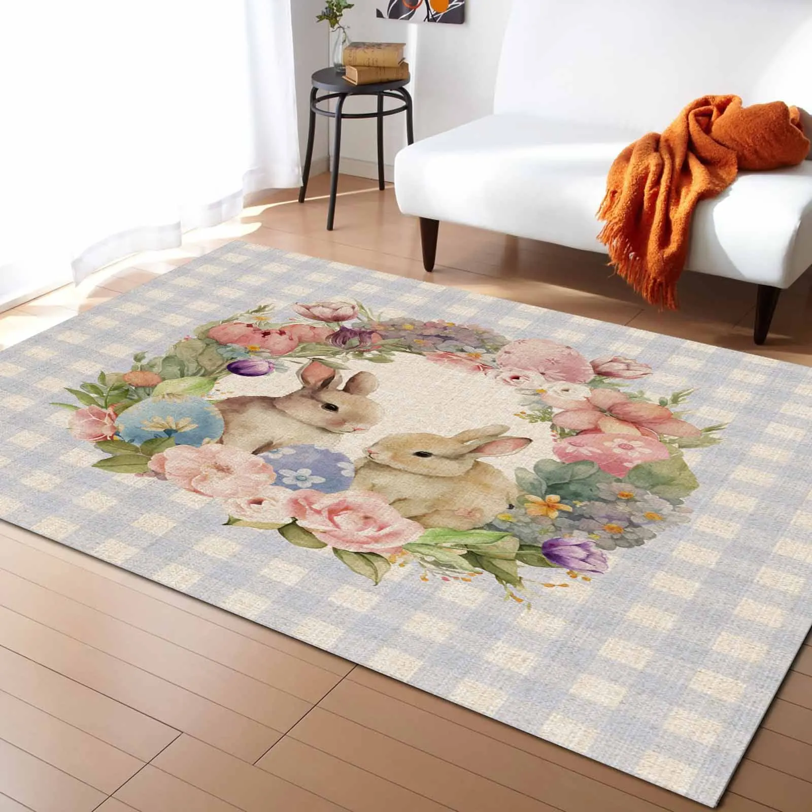 

Easter Rabbit Watercolor Flower Living Room Floor Mat Children's Bedroom Bedside Carpet Kitchen Door