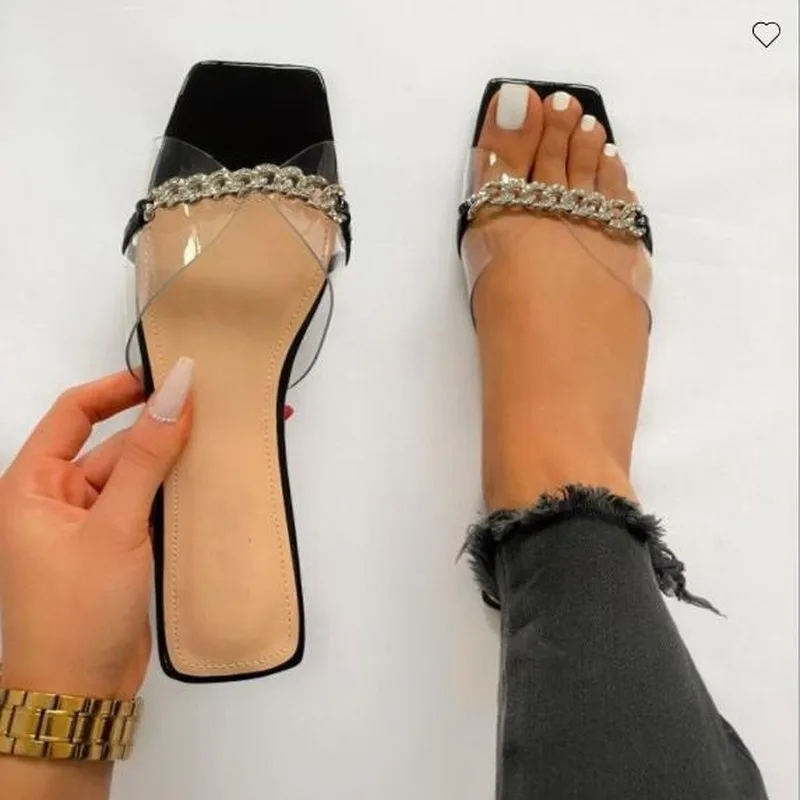 

2021 spring/summer single-layer rhinestone transparent PVC flat non-slip women beach sandals outdoor all-match casual slippers
