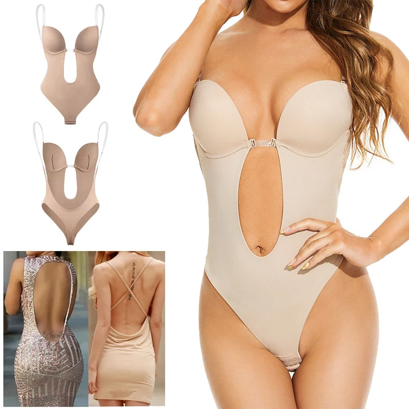 

Women Shapewear Bodysuit Deep V-Neck Sexy Thong Body Shaper Padded Bra Backless U Plunge Push Up Invisible Slim Party Underwear