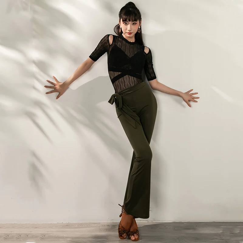 Latin Dance Tops Summer Short Sleeves Practice Clothes Adult Lace-Up Pants Cha Cha Rumba Ballroom Dance Clothing BL12352