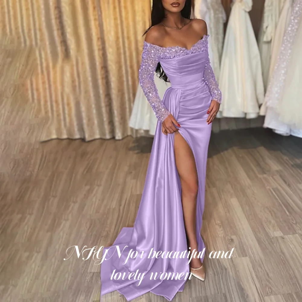 فستان NFYN لامع بأكمام طويلة للحفلات الذهبية بفتحة...