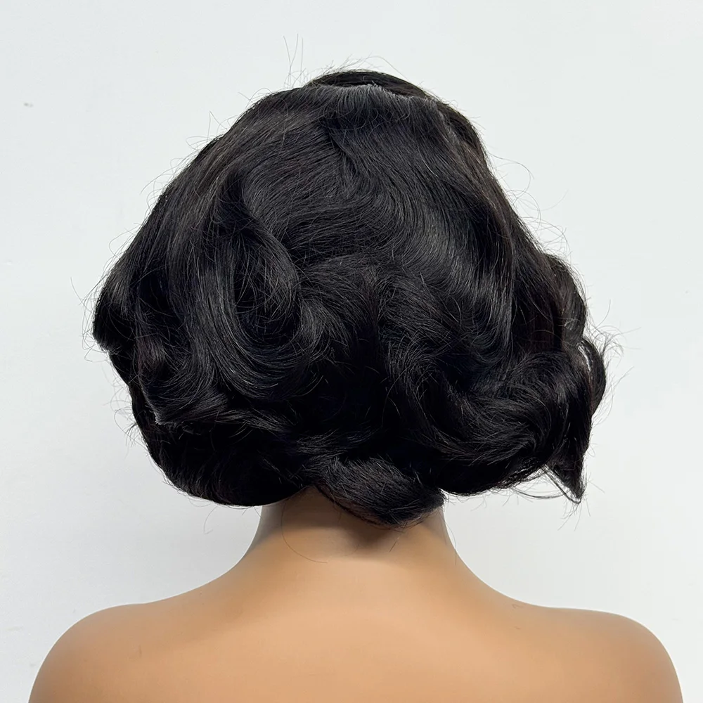 230% Density 5x5 Transparent Lace Short Loose Bouncy Wave Wavy Curly Human Hair Wig Closure Human Hair Bob Wig for Black Women