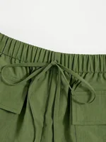 Olive drab Women's Oversized Woven Solid Color Casual Shorts Comfortable Loose Fit High Waist Knee-Length Summer Fashion Olive d - Image 4