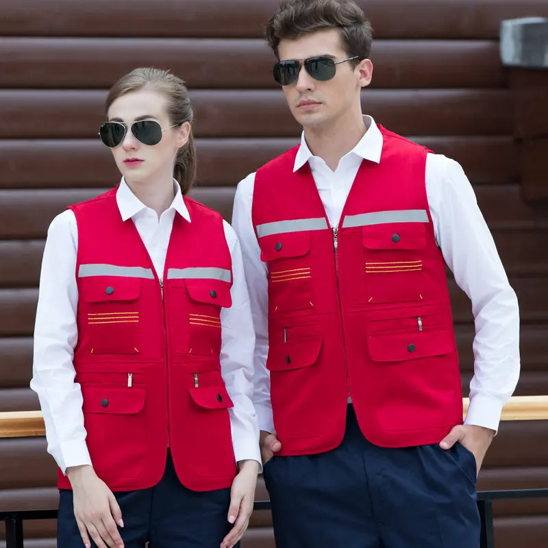 반사 줄무늬가 있는 멀티 포켓 조끼 남자 블랙 폴리코튼 조끼 작업장 유니폼