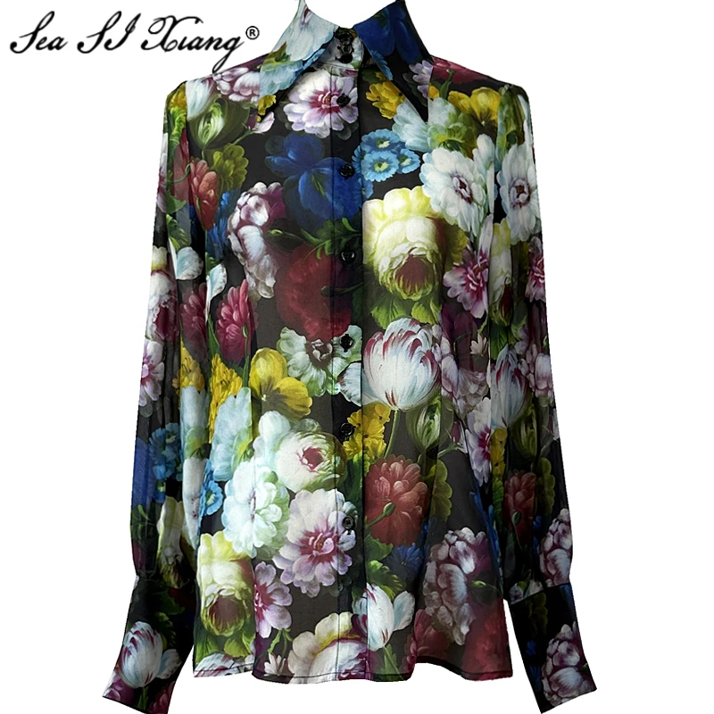 

Seasixiang Designer Spring Summer Silk Shirt Women Turn-down Collar Lantern Sleeve Floral Print Vintage Single Breasted Shirt