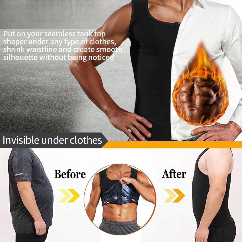 Mens Polymer Sauna Vest Sweat Body Shaper Slimming Compression Tank Top Zipper Workout Shirt Heat Trapping Suit