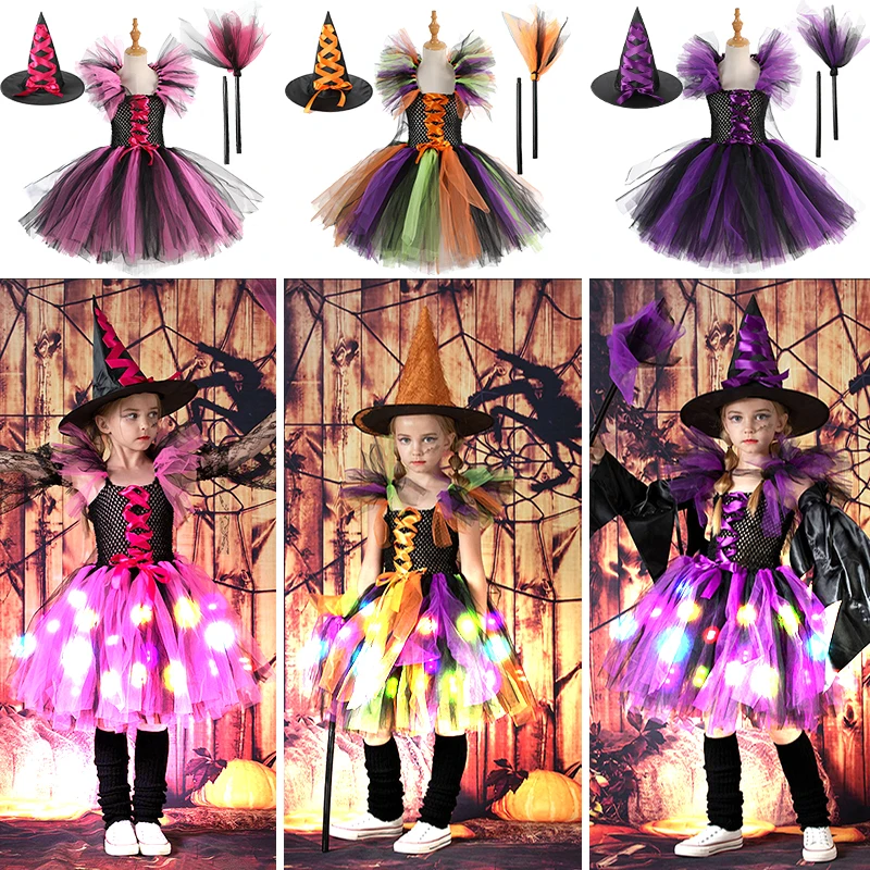 

2024 Girl Cosplay Witch Halloween Costume for Kids LED Light Evil Demon Vampire Dress Luminous Children Masquerade Party Dresses