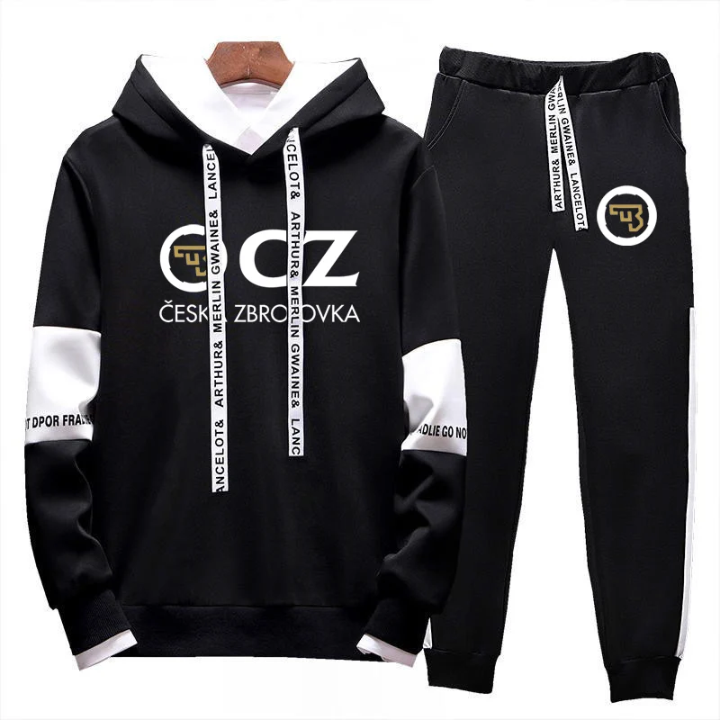 

2023 Men's CZ Logo Lacing Strap Hoodies Sets Autumn New Ceska Zbrojovka Printed Hooded Pullover And Solid Color Sweatpants Suits