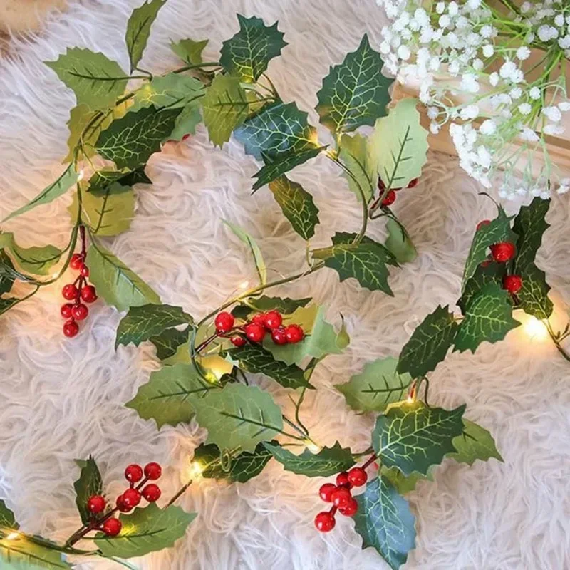 Artificial Plants Christmas Holly Berry Vines Fake Green Leaves Hanging Garlands with Light Strings for Home Party Xmas Decor
