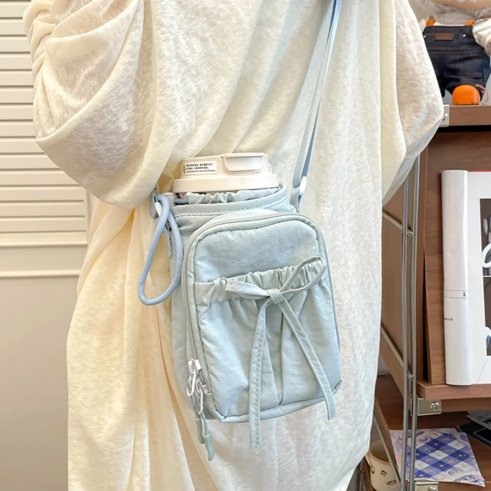 New Bow Phone Bag Nylon Shoulder Bags Women Drawstring Crossbody Bag Versatile Reusable Tote Bags Adjustable Kettle Handbag