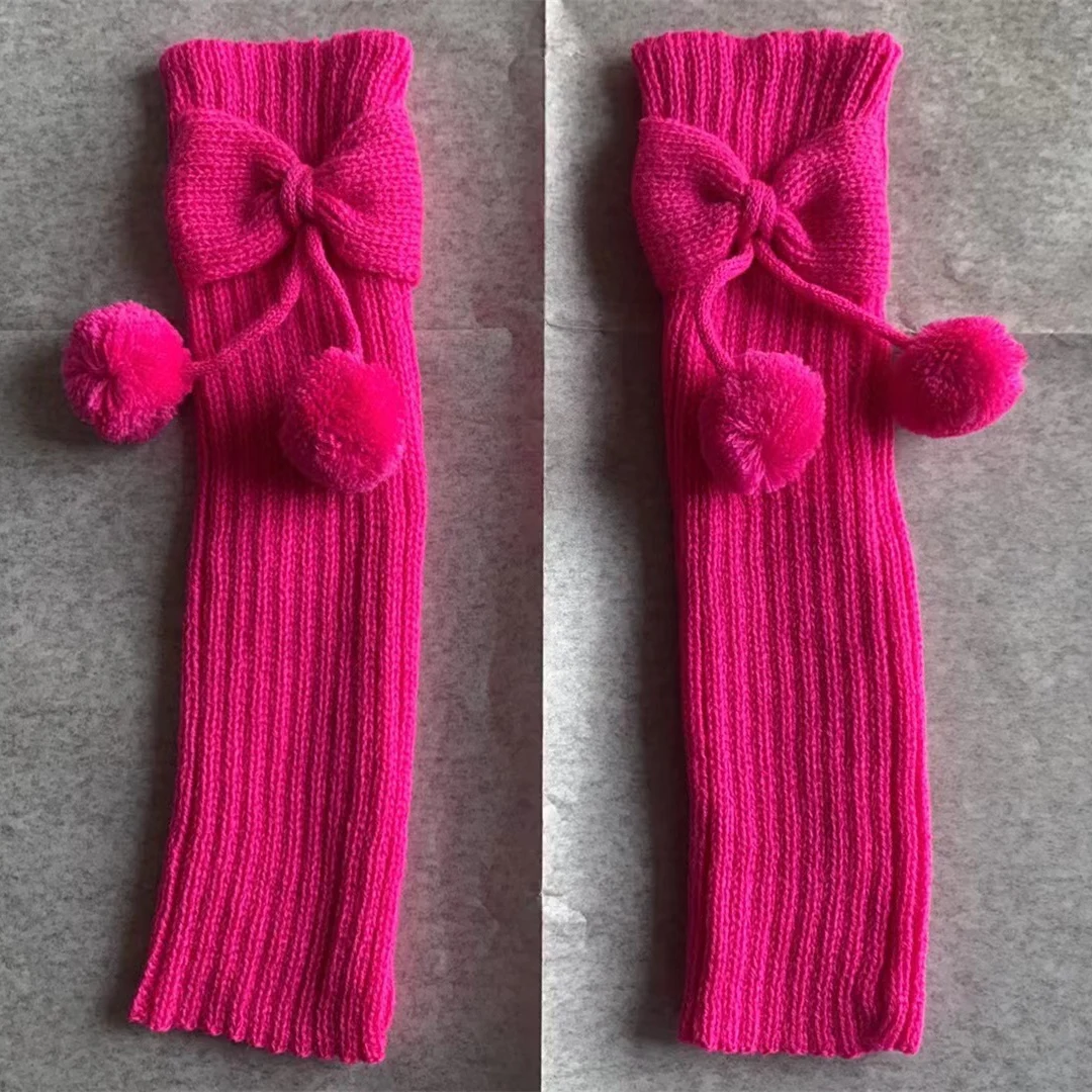 1 Pair Girls Solid Knit Knee High Leg Warmer Comfort Cute Bowknot Leg Cover With Pompoms