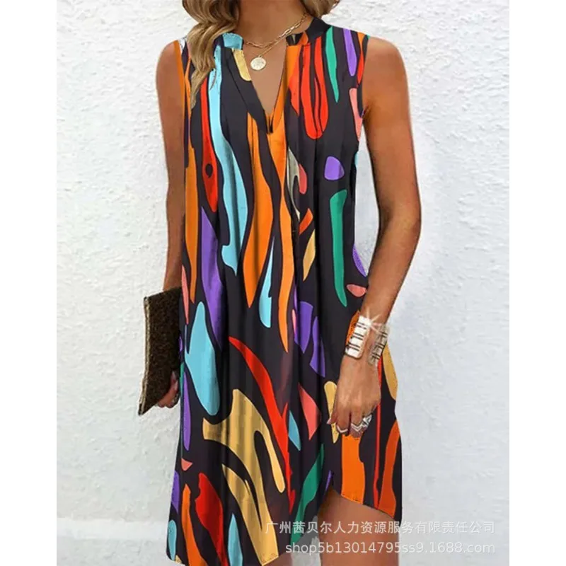 

Women's Fashion Solid Color Printing Loose Dress 2023 New Summer Dress Women's Sexy Sleeveless V-neck Pullover Mini Dress