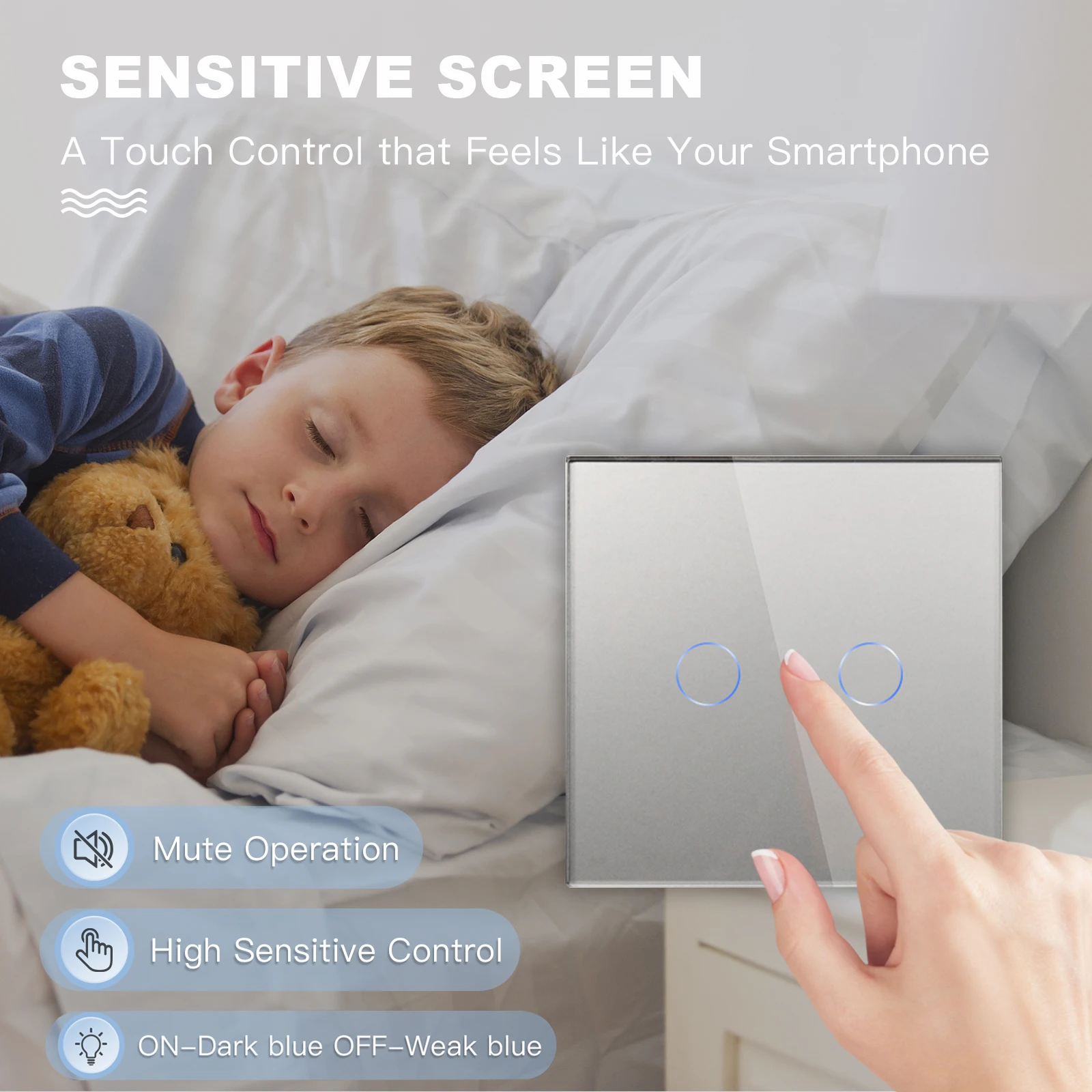 vidro temperado painel sensor luz de fundo azul 2 gangues 1way 10a 02