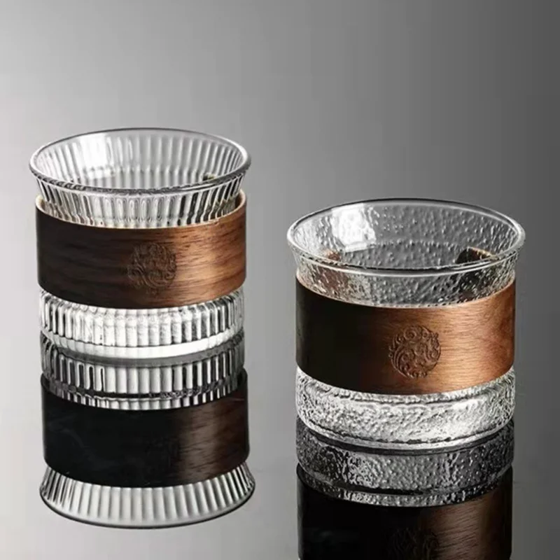 JapaneseStyleGlassCoffeeMugWalnutWoodCupSleeveGlassCupHammer