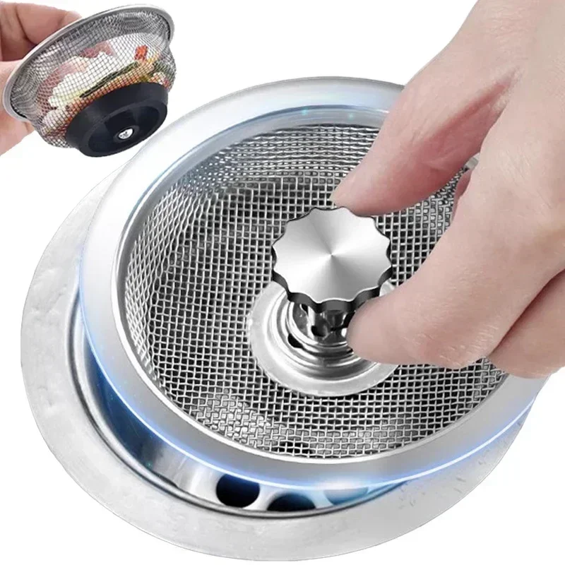 Kitchen Sink Strainer with Handle & Stopper Replacement Sink Drain Basket Stainless Steel Mesh Filter Strainers Waste Hole Trap