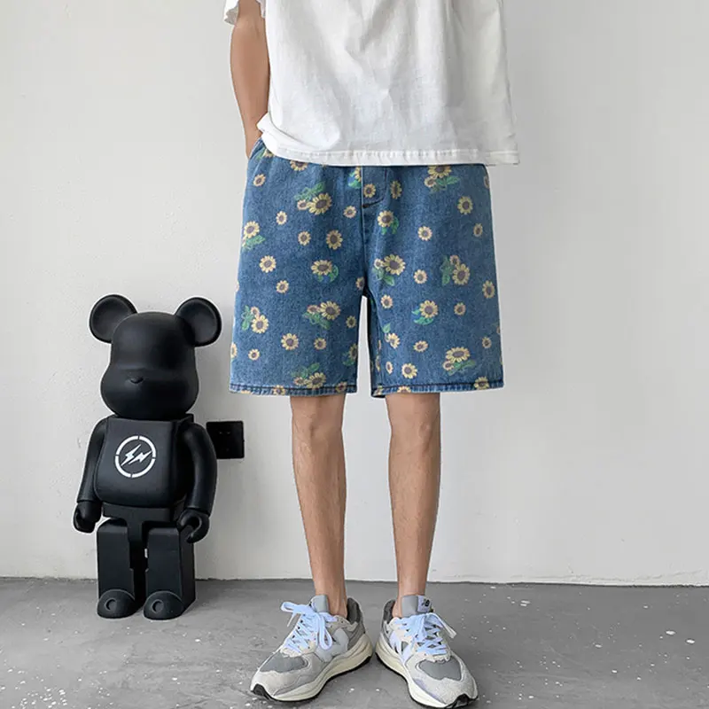 Summer Denim Shorts Men Fashion Drawstring Retro Flower Shorts Men Streetwear Hip-hop Loose Print Denim Shorts Mens Beach Shorts