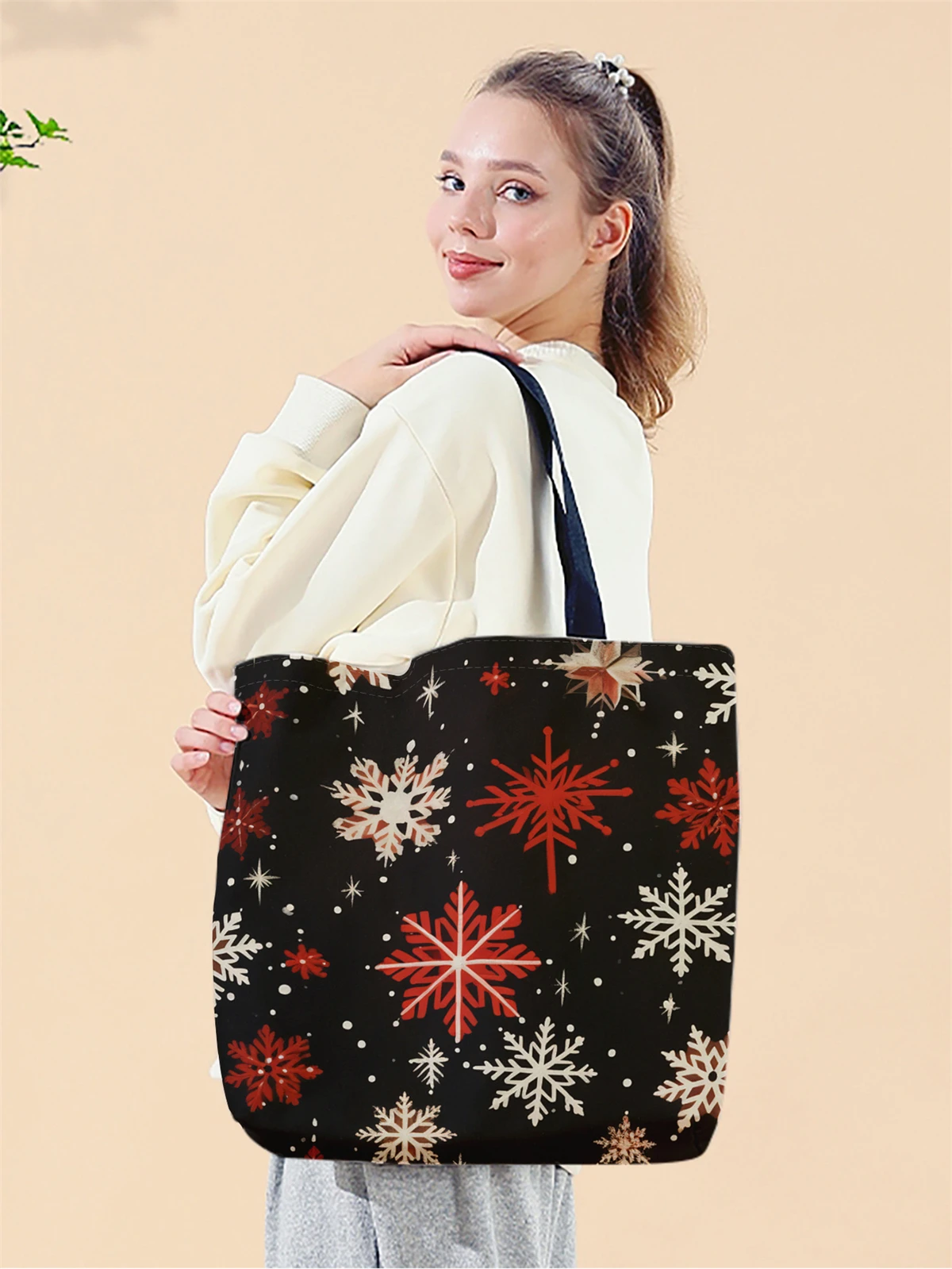 1pc,Christmas snowflake handbag, reusable fashionable handbag, multifunctional handbag, printed canvas shopping bag