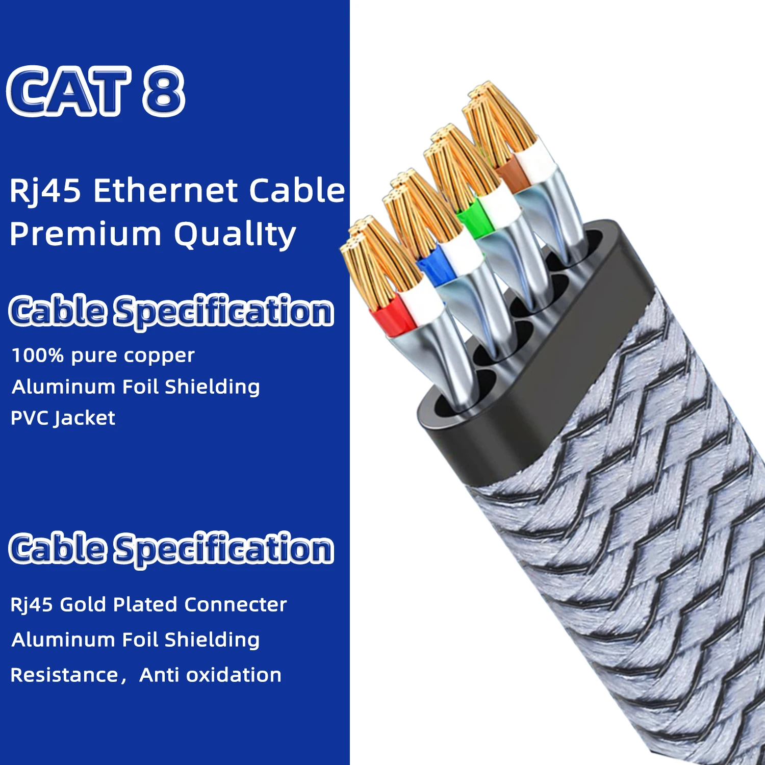 나일론 땋은 Cat8 이더넷 케이블 PS5 노트북 라우터 용 40Gbps 2000MHz 고속 RJ45 네트워크 코드 낮은 Cat8 케이블 이더넷