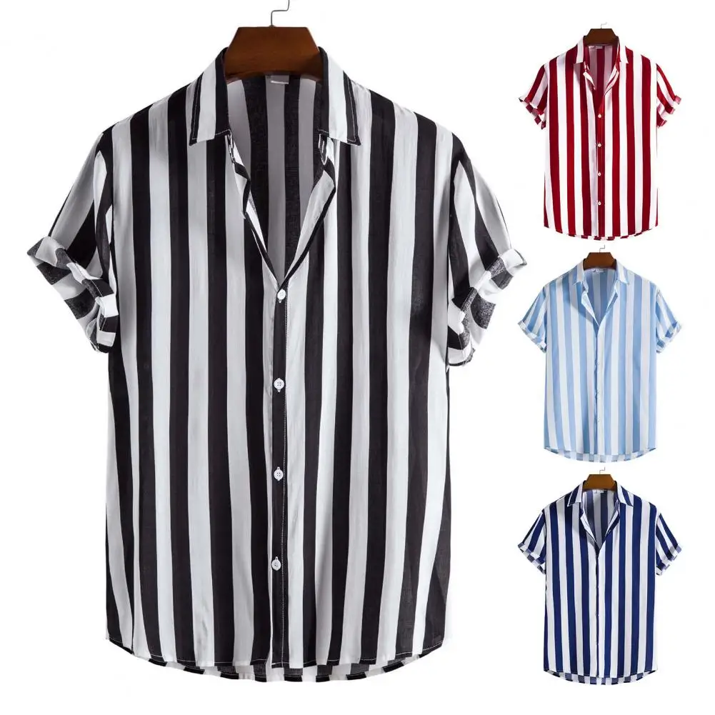 

Shirt Handsome Men Shirt Summer Single Breasted Popular Good Touch Vertical Stripe Shirt