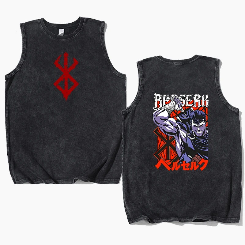 

Berserk Tank Top Anime Graphic Print Tees for Men Washed Cotton Vest Tops Summer Retro Tshirts Harajuku Sleeveless Streetwear