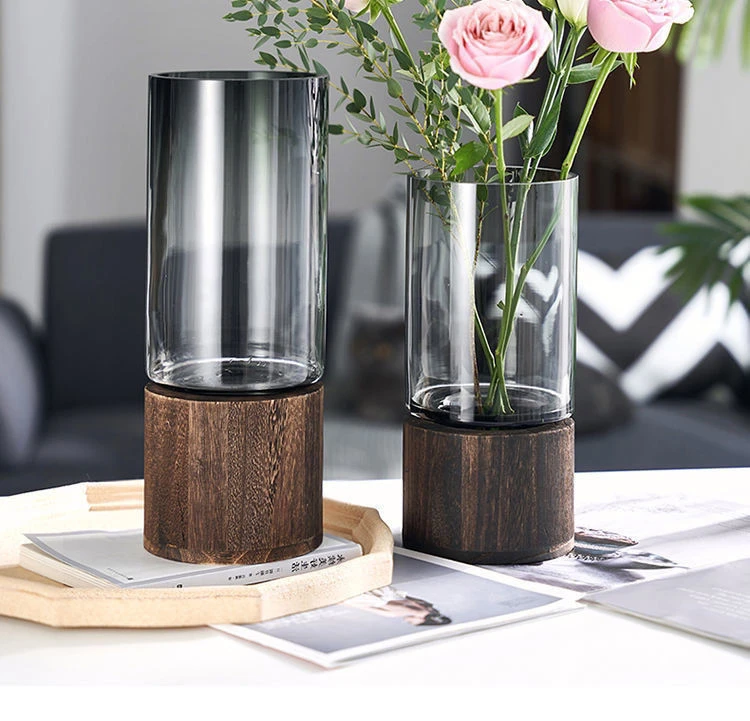 Vases Simple European hydroponic plant household living room table  inserted flower wood base transparent glass vase Home Decor