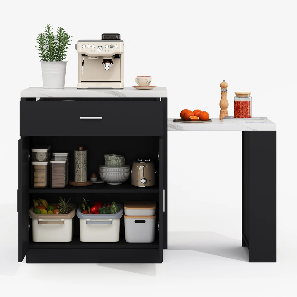 Kücheninsel mit ausziehbarem Esstisch für 4–6 Personen, zweifarbiger Design-Steckdosen-Aufbewahrungsschrank, 2 Schubladen, 2 seitlich offene Regale – Detail 8