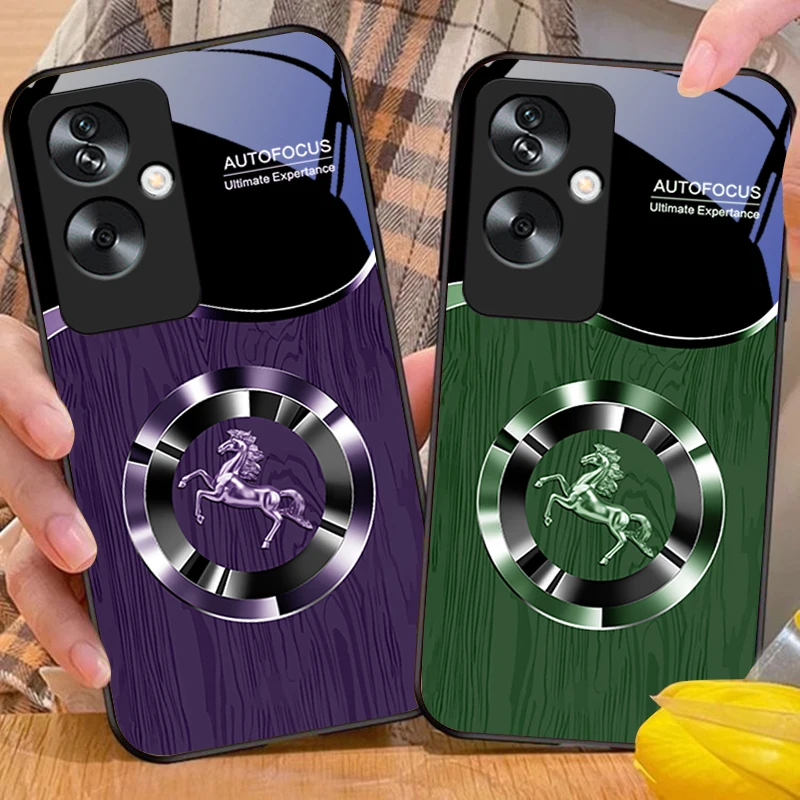 Wood Grain Horse Blue Tempered Glass Black Phone Case