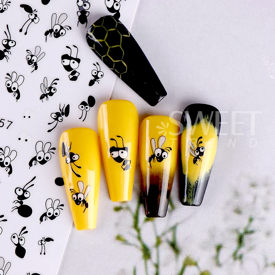 3pcs/set 3D Cartoon Graffiti Style Nail Stickers Kawaii Cute Funny Head Mood Bees Design Decals For Nail Art Manicure Decoration