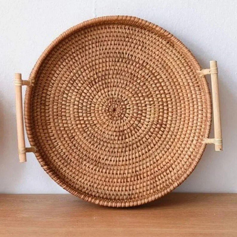 1PC Woven Rattan Storage Basket with Strap Handle round Tray for Bread Snacks Fruits Picnic - Home Organization Basket