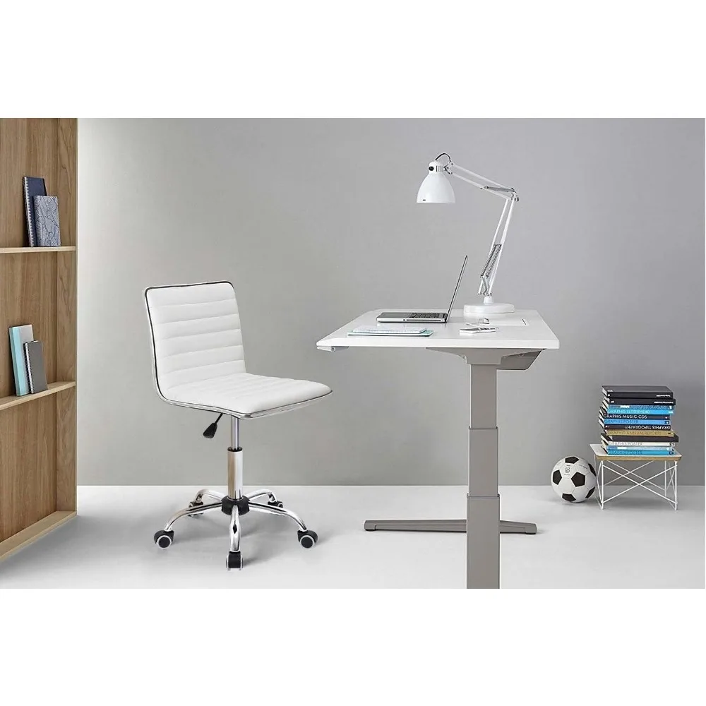 Mid Back Vanity Chair,Low Back PU Leather Swivel Computer Desk, Task and Office Chair Retro with Armless Ribbed (White) 5