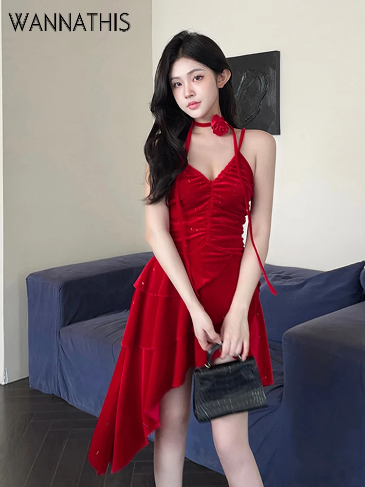 

WannaThis Sexy Velvet Folds V Neck Irregular Dress Women Elegant Prom Backless Hem Mini Dresses Fashion Evening Clubwear