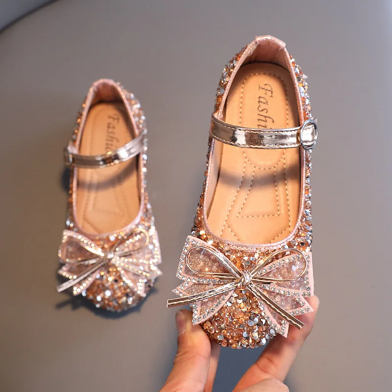 Children Shoes New Girls Princess Leather Shoes Sequins Rhinestones Shining Girls Party Wedding Kids E460
