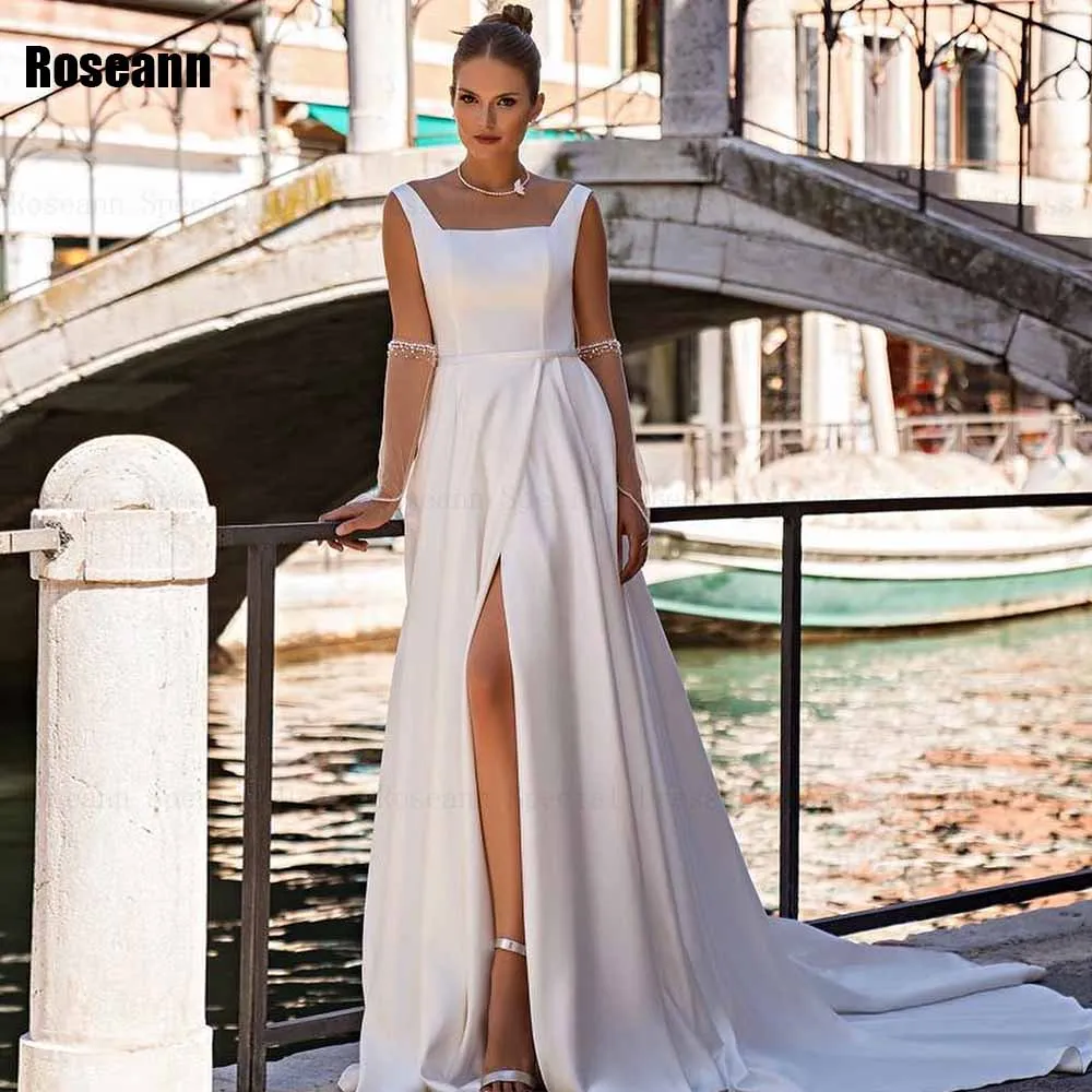 Simple Mermaid Wedding Dress Front Split Square Open Back Draped Pleat Sleeveless Belt Bride Dresses Floor Length robe de mariée