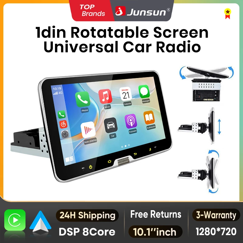Junsun Pantalla táctil IPS giratoria de 10 pulgadas 1 Din Universal Inalámbrico para Apple Carplay Android Auto Radio para coche Androidauto Estéreo Reproductor multimedia de vídeo Sistemas inteligentes GPS Navegación Unidad principal Autoradio WIFI BT 4G WIFI FM AM DSP RDS SWC 1