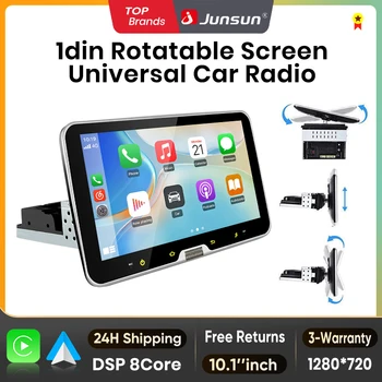 Junsun Pantalla táctil IPS giratoria de 10 pulgadas 1 Din Universal Inalámbrico para Apple Carplay Android Auto Radio para coche Androidauto Estéreo Reproductor multimedia de vídeo Sistemas inteligentes GPS Navegación Unidad principal Autoradio WIFI BT 4G WIFI FM AM DSP RDS SWC 1