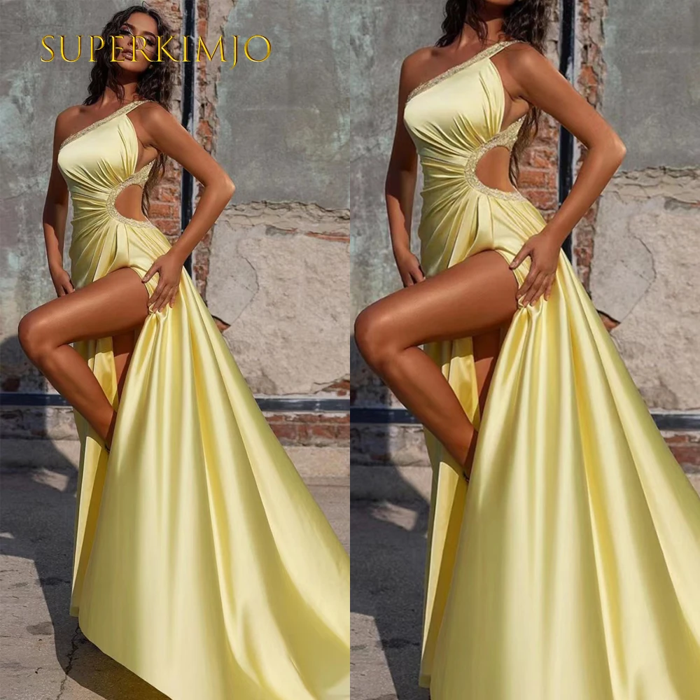 

SuperKimJo Vestido Festa Luxo Yellow Beaded Evening Dresses Long Sexy One Shoulder Simple Formal Dresses Robe De Soiree Femme