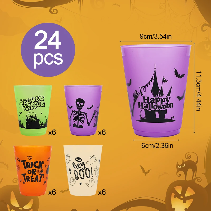 24pcs Halloween Plastic Cups Skull Trick or Treat Juice Cocktail Drinking Cups 2025 Halloween Theme Party Decoration Supplies