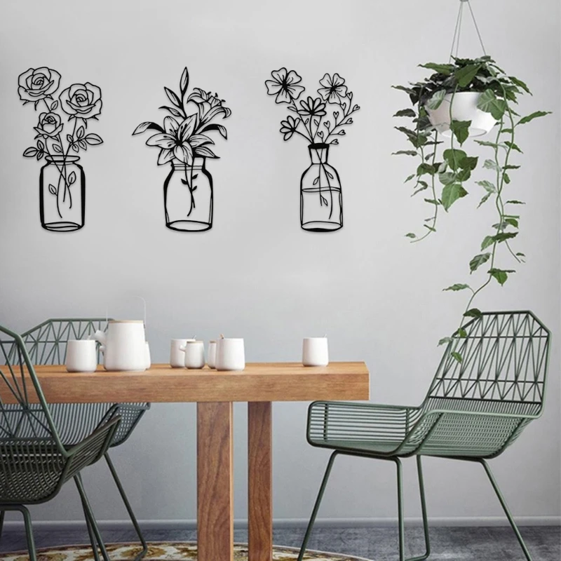 3pcs-Flower-Vase-Metal-Wall-Decor-Black-Iron-Decor-Wall-Sculpture-for-Bedroom.jpg 3Db Virág Váza Fém Fali Dekoráció Fekete Vas Szobor Hálószobához - Image 5