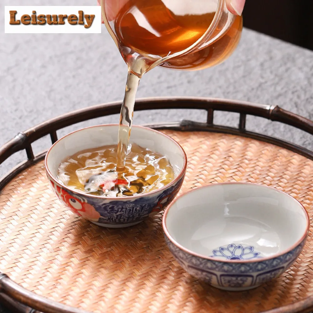 70ml Blue and White Porcelain Tea Cups Retro Fish Dargon Master Cup Puer Tea Bowl Meditation Cup Chazhan Kung Fu Tea Drinkware