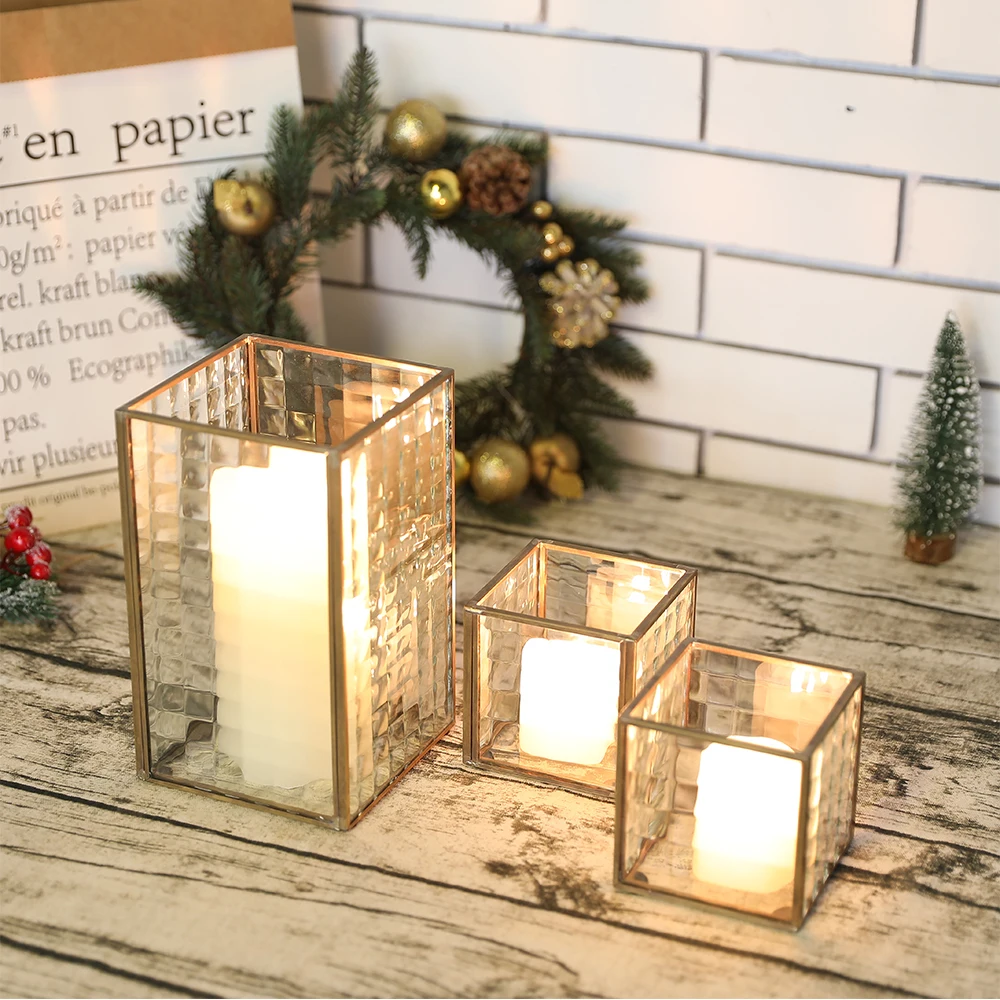 

3Pcs Copper Frame Candle Holder Texture Glass Hurricane Lantern Decorative Box Plant Terrarium Tabletop Shadow Box Home Decor