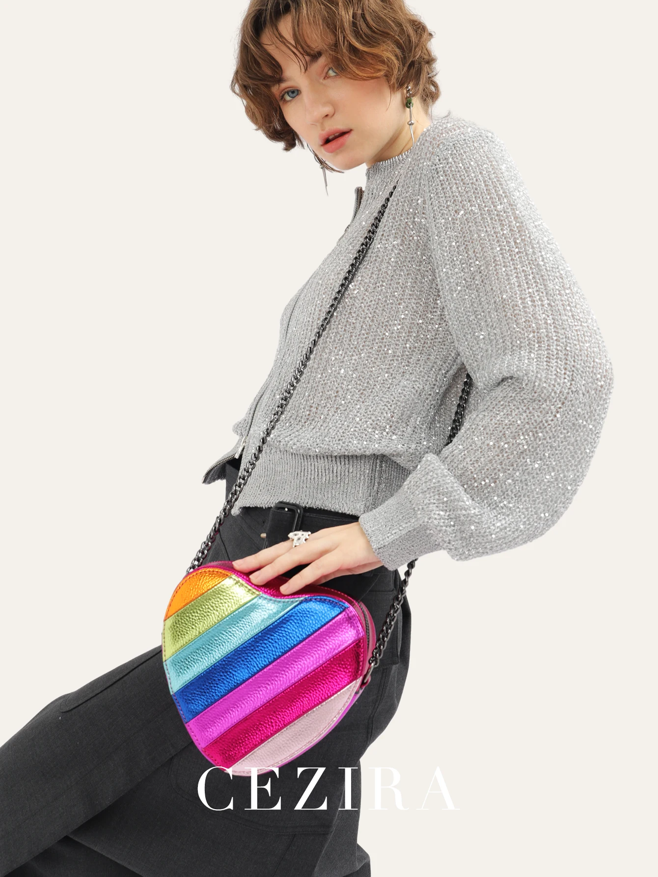 CEZIRA Luxury Heart Shaped Novelty Purse for Women Shiny PU Leather Colorful Stripes Handbags Metal Chain Shoulder Crossbody Bag